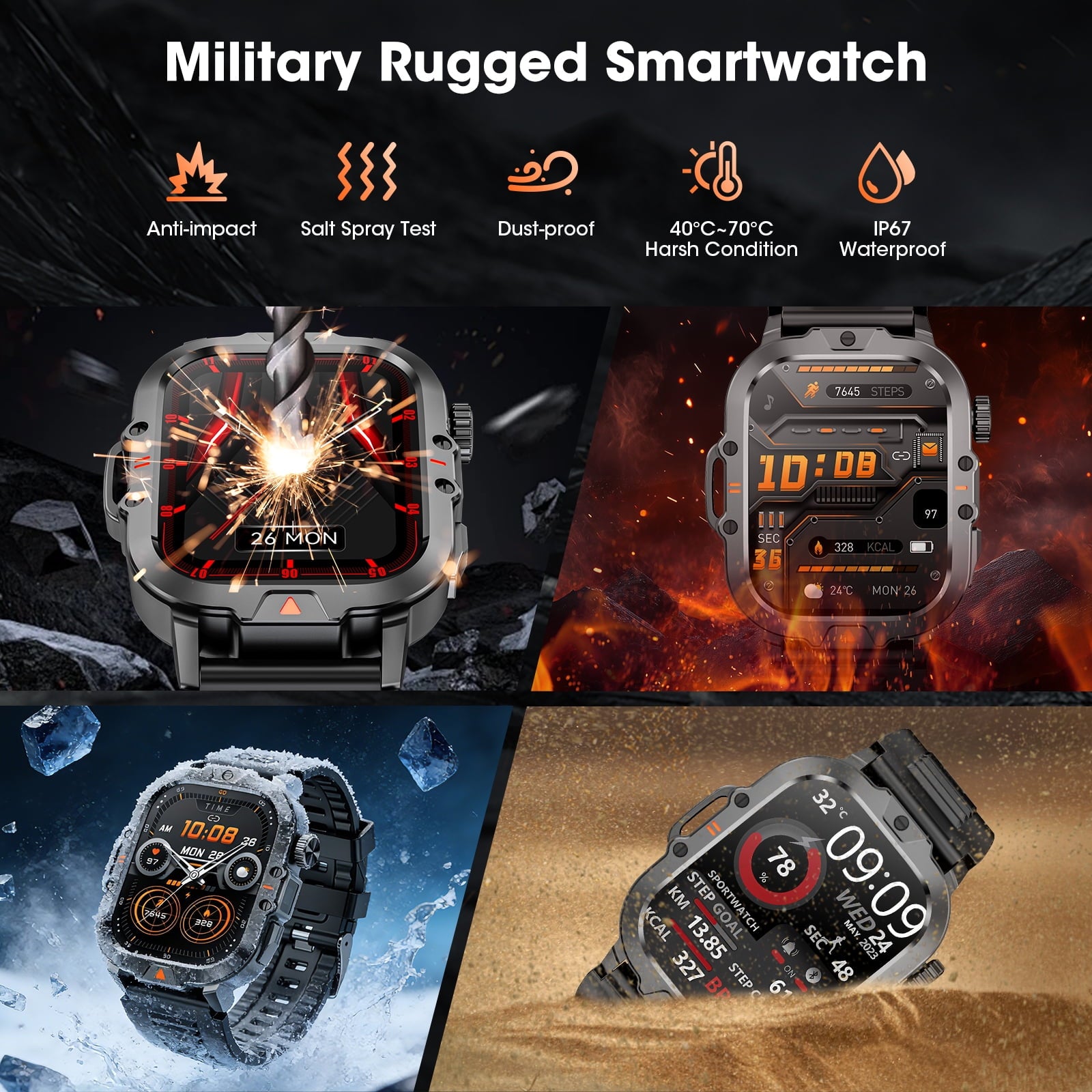 Smartwatch for Men with Fitness Tracker, 2.01-inch Answer/Make Calls/100+ Sport Modes, IP68 Waterproof, men's Military Smartwatch compatible with Android IPhone Devices (Black)