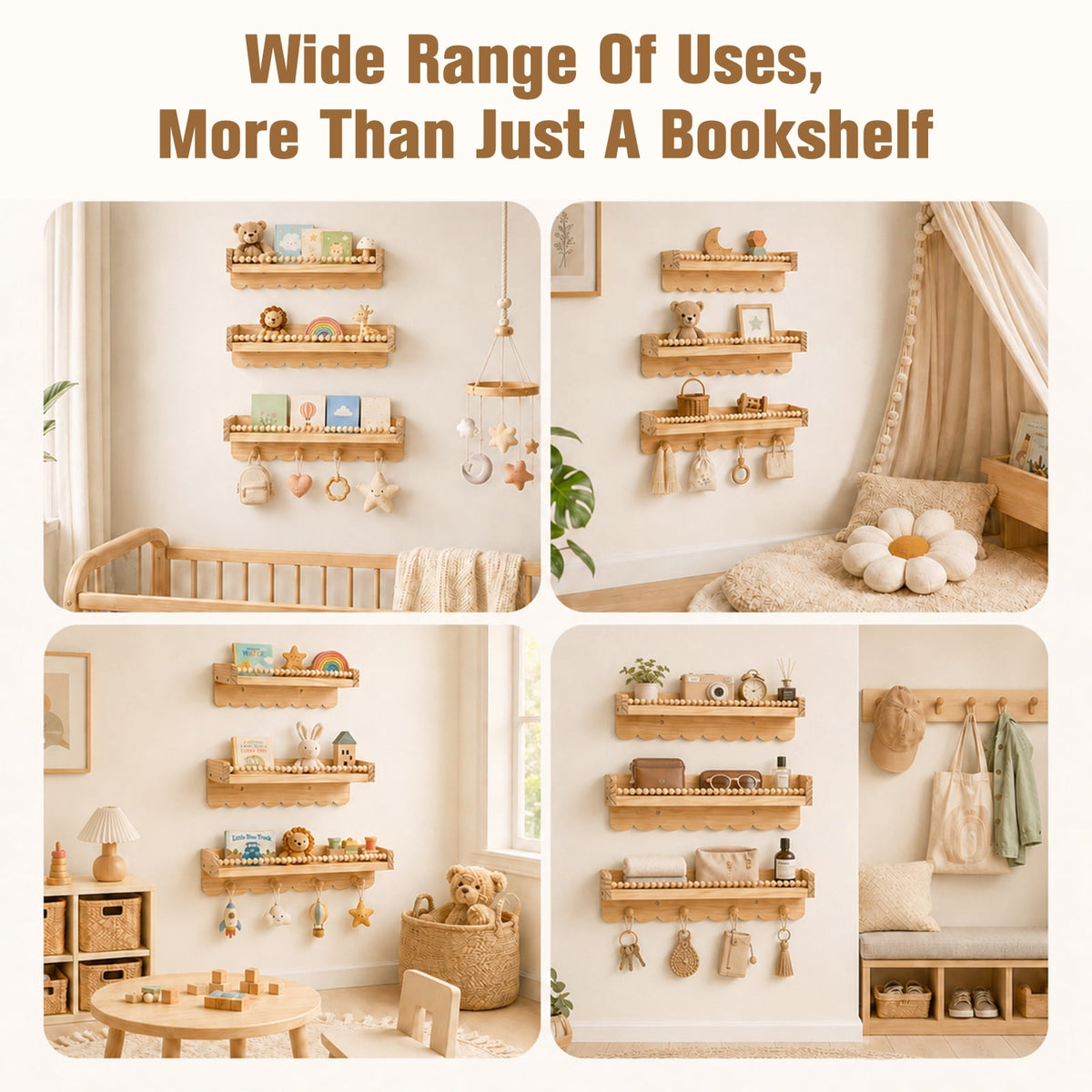 Doulami Nursery Bookshelf, Set of 3 Pine Wall Shelves with Hooks for Kids Room Gift, Nursery Book and Toy Storage, Neutral Nursery Decor