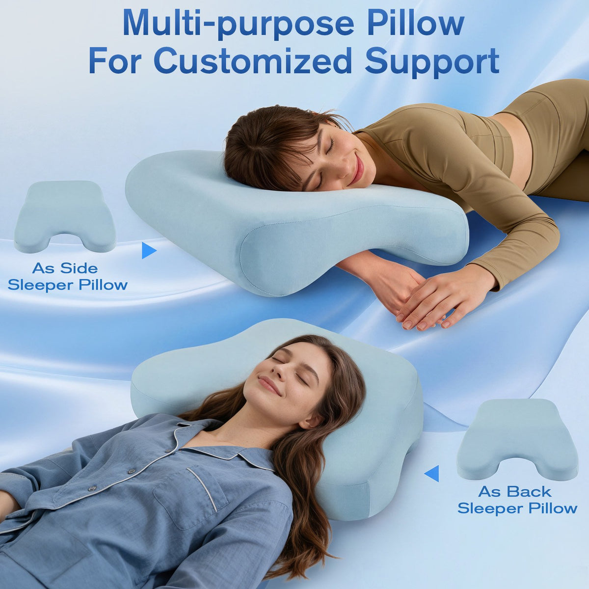 Side Sleeper Pillow with Blue, 2 in 1 Memory Foam Pillow for Adults, Relieves Rotator Cuff & Shoulder Pain, Comfort for Side, Back and Stomach Sleepers