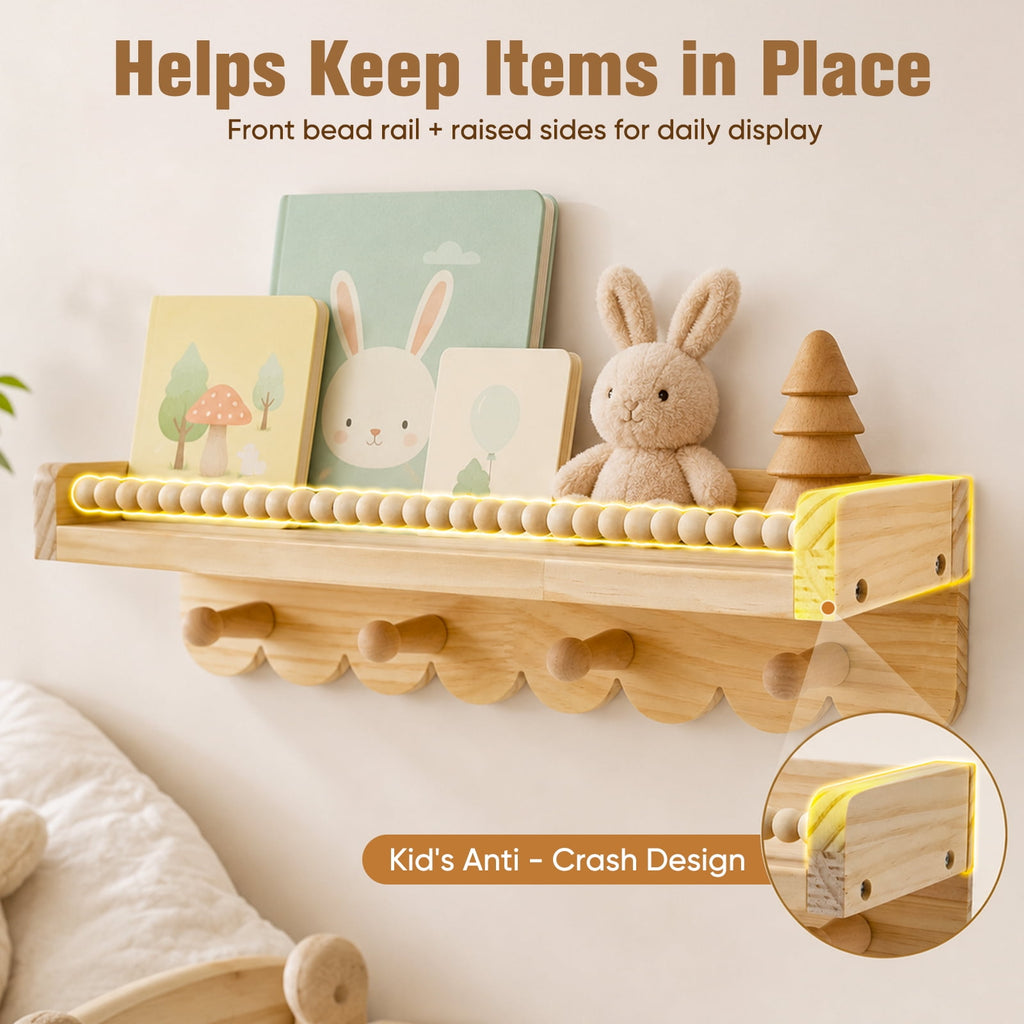 Doulami Nursery Bookshelf, Set of 3 Pine Wall Shelves with Hooks for Kids Room Gift, Nursery Book and Toy Storage, Neutral Nursery Decor