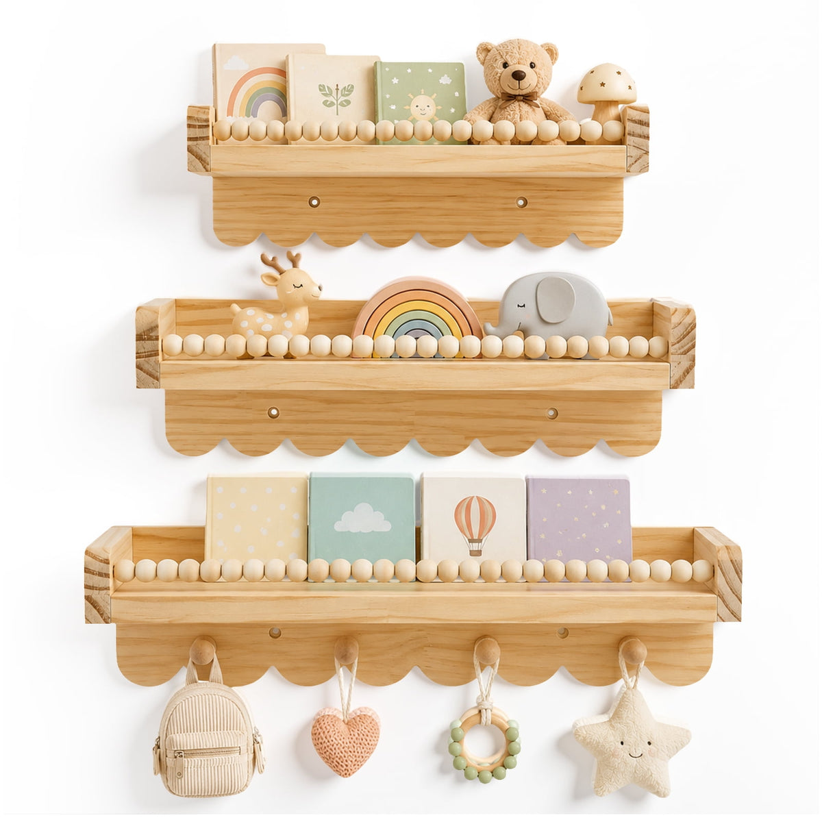 Doulami Nursery Bookshelf, Set of 3 Pine Wall Shelves with Hooks for Kids Room Gift, Nursery Book and Toy Storage, Neutral Nursery Decor