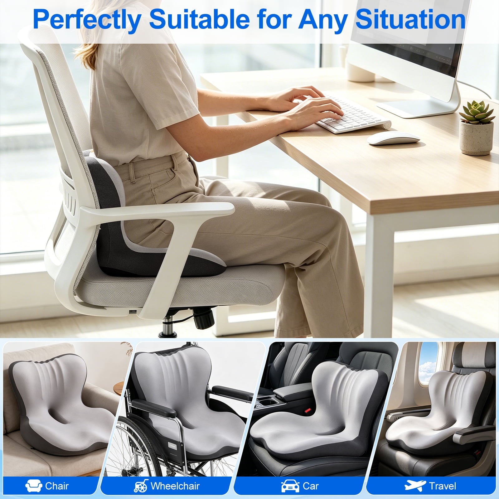 AMTPM Seat Cushion for Desk Chair, Breathable Non-Slip Office Chair Cushion, Ergonomic Back Support Pillow for Car, Home, Office - Relieve Tailbone & Sciatica Pain