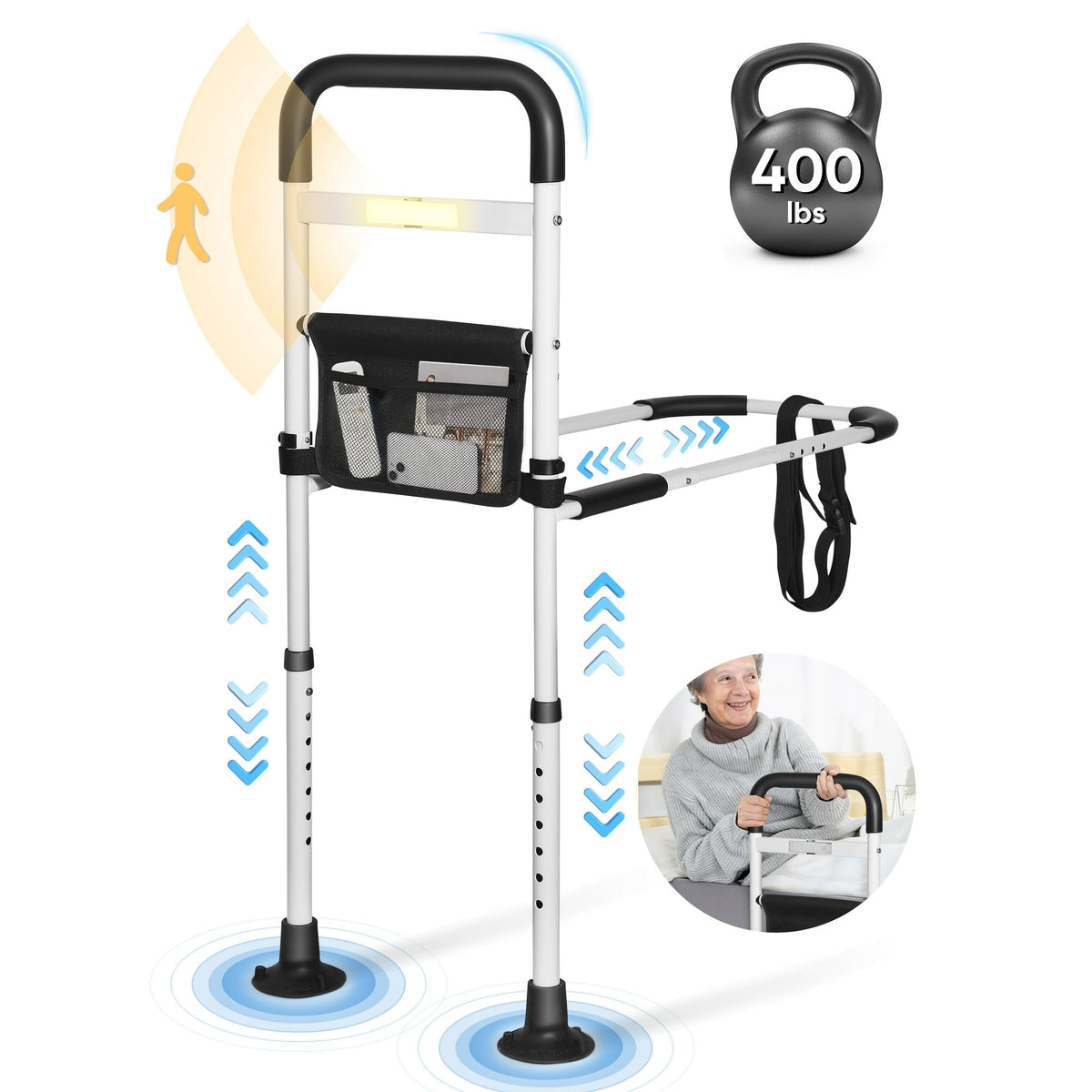 Doulami Bed Rails for Elderly Adults, Adjustable Assist Beds Rail for Senior with Storage Pocket & Motion Light