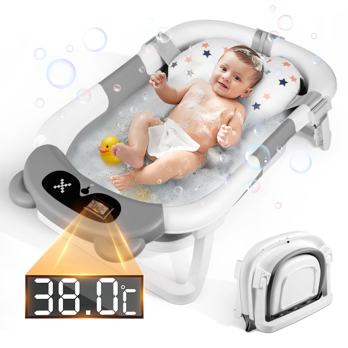Doulami Collapsible Baby Bathtub for Infants Baby Tubs for Newborns with Cushion and Thermometer, 0-36 Month(Gray)