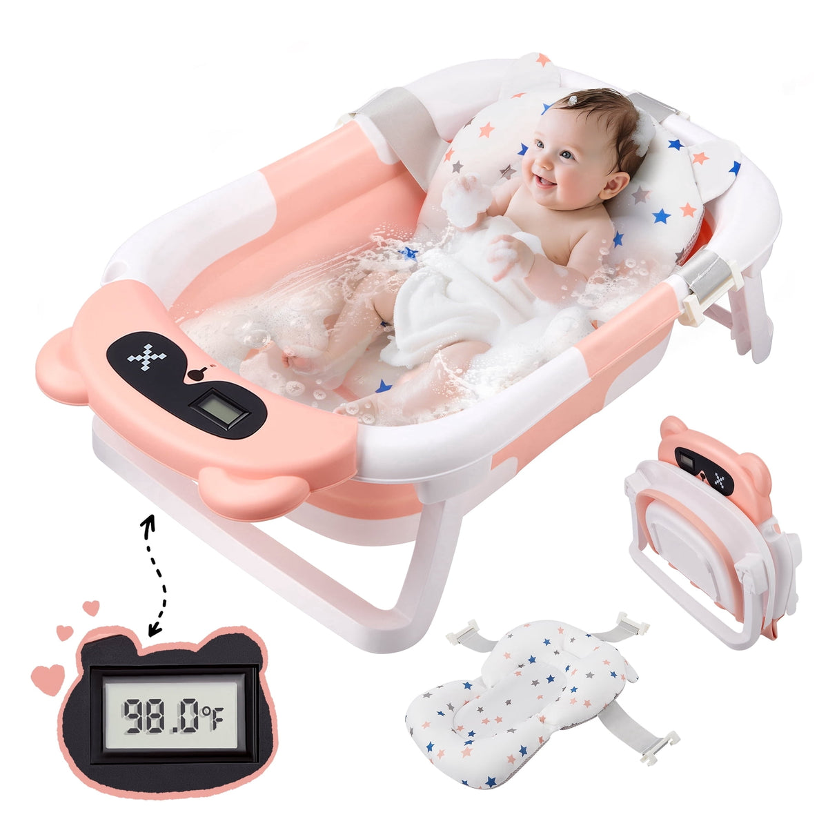 Doulami Baby Bathtub for Infants Collapsible Baby Tubs for Newborns with Cushion and Thermometer, 0-36 Month(Pink)