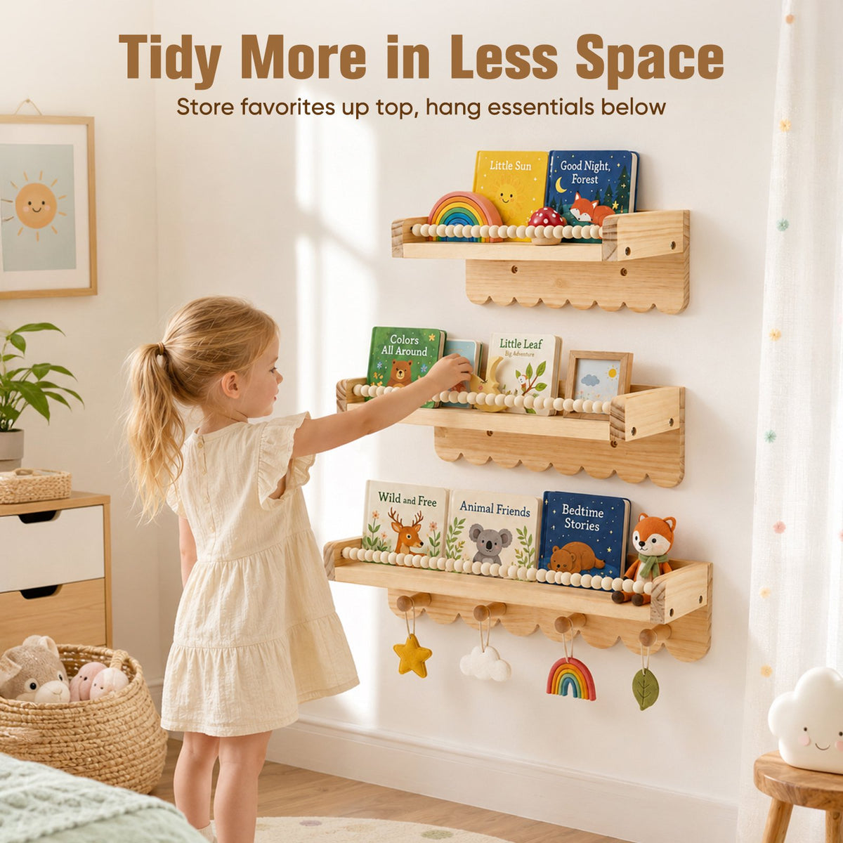 Doulami Nursery Bookshelf, Set of 3 Pine Wall Shelves with Hooks for Kids Room Gift, Nursery Book and Toy Storage, Neutral Nursery Decor
