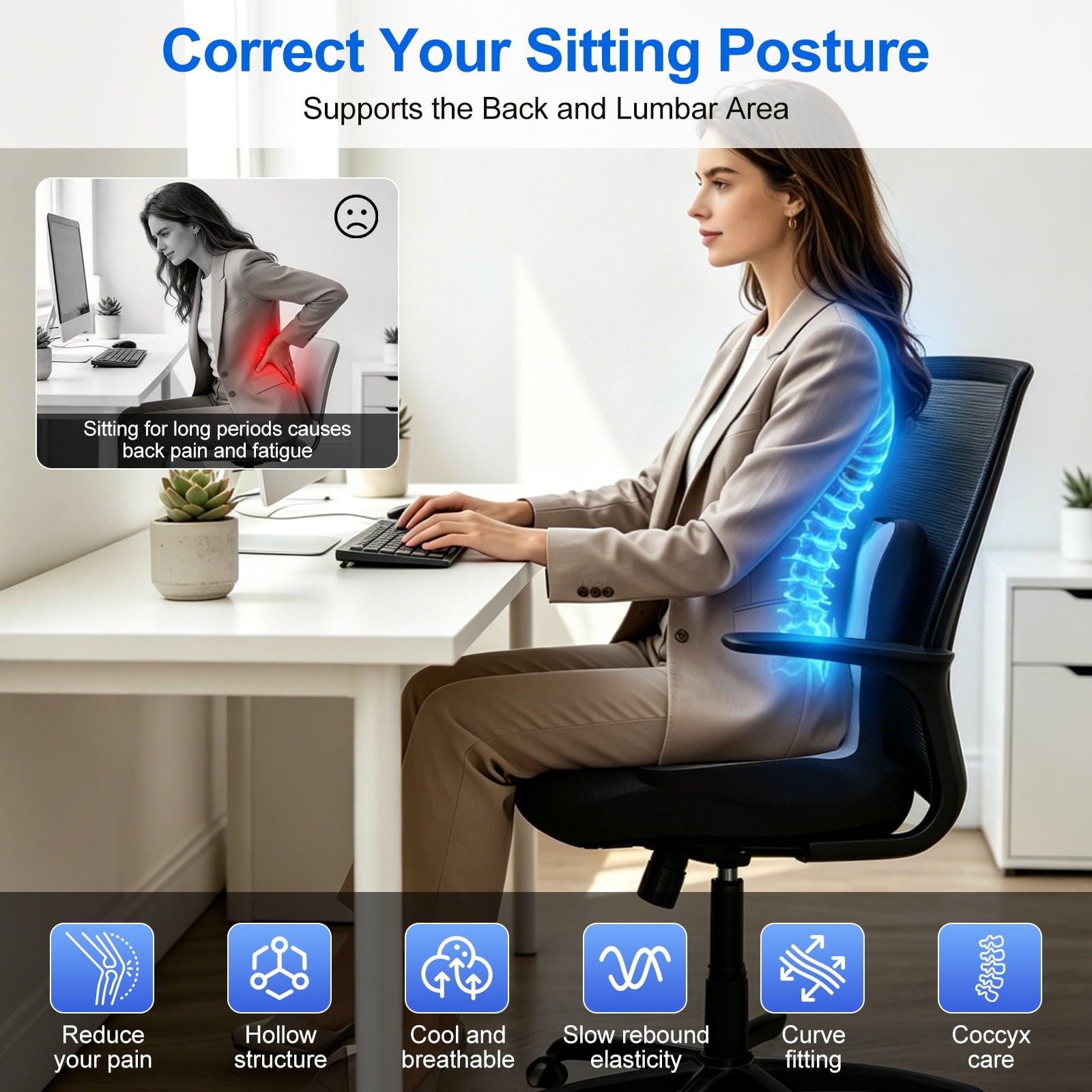AMTPM Seat Cushion for Desk Chair, Breathable Non-Slip Office Chair Cushion, Ergonomic Back Support Pillow for Car, Home, Office - Relieve Tailbone & Sciatica Pain